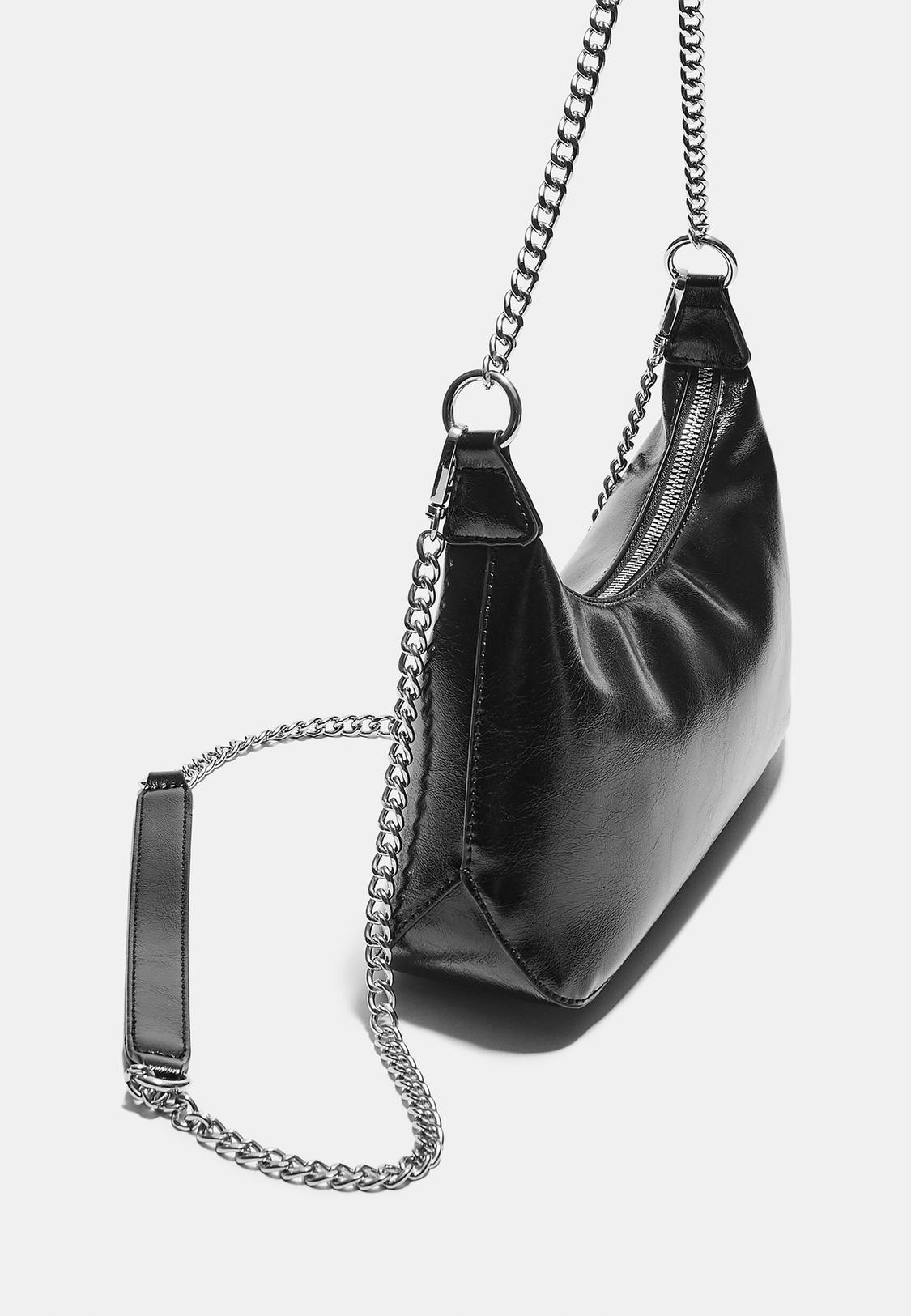 Sac Bandoulière Noir Avec Chaîne - Synthétique, Occasion Très Bon État