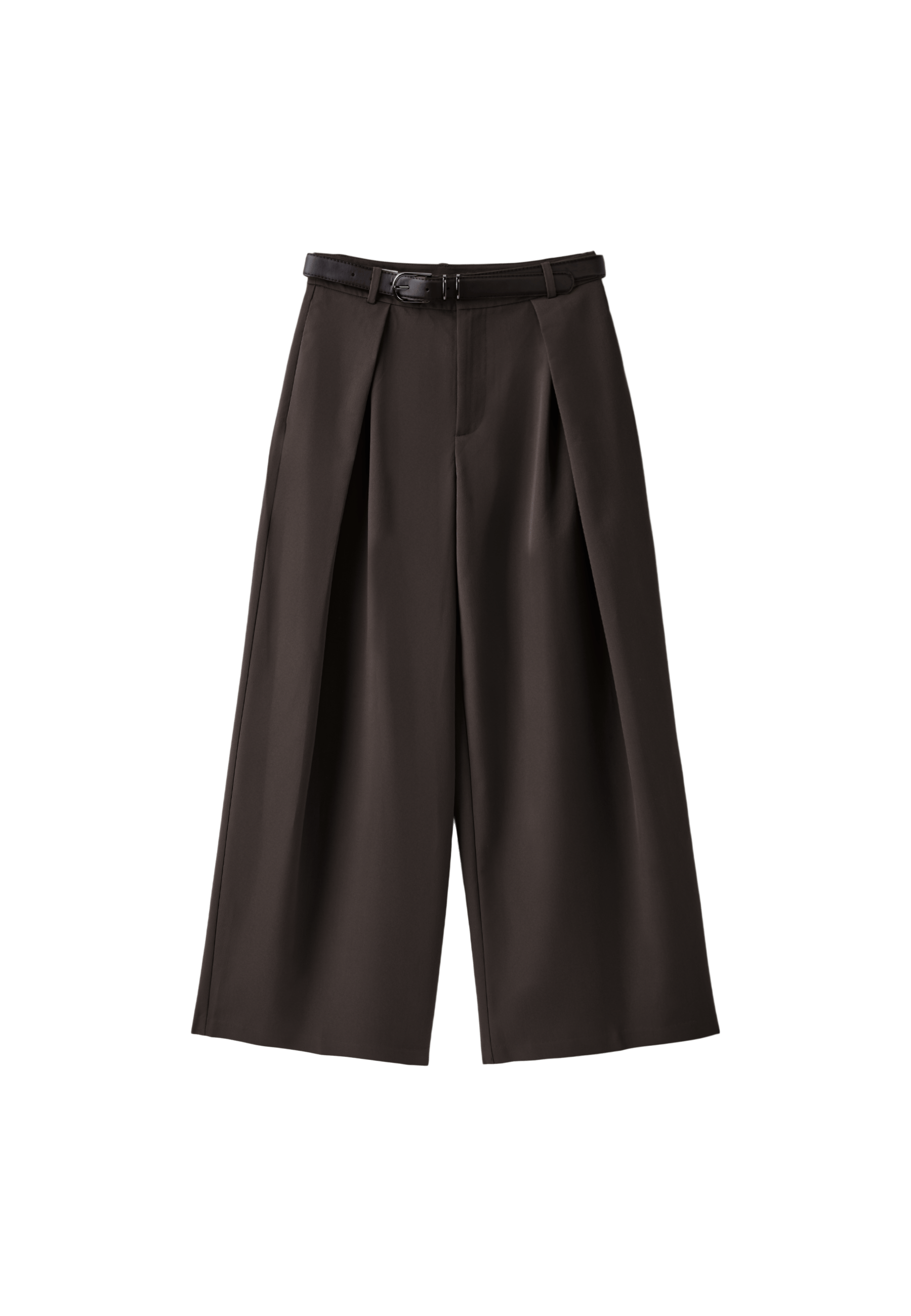 Wide-leg belted trousers with darts — Brown