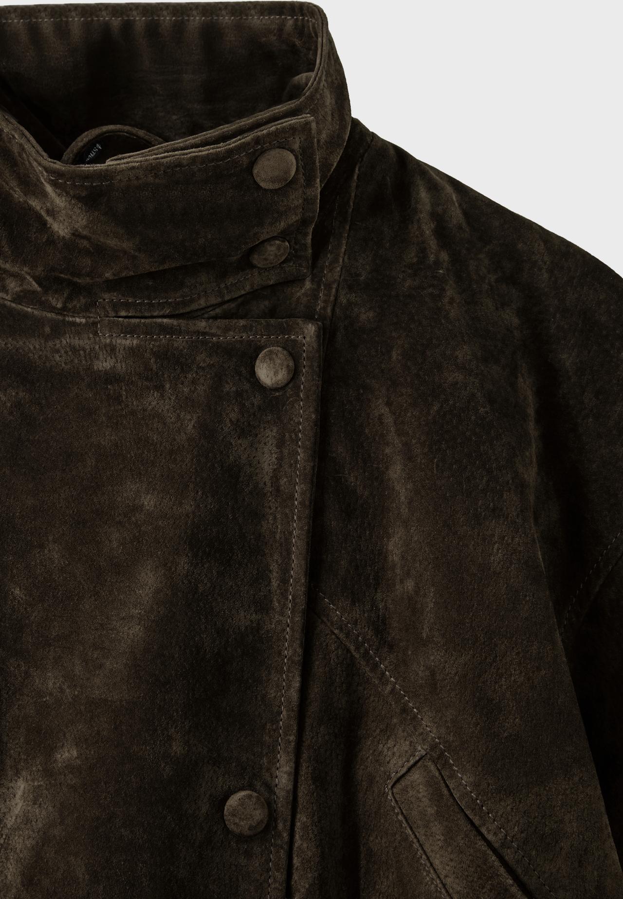 100% leather high neck trench coat with belt — Green