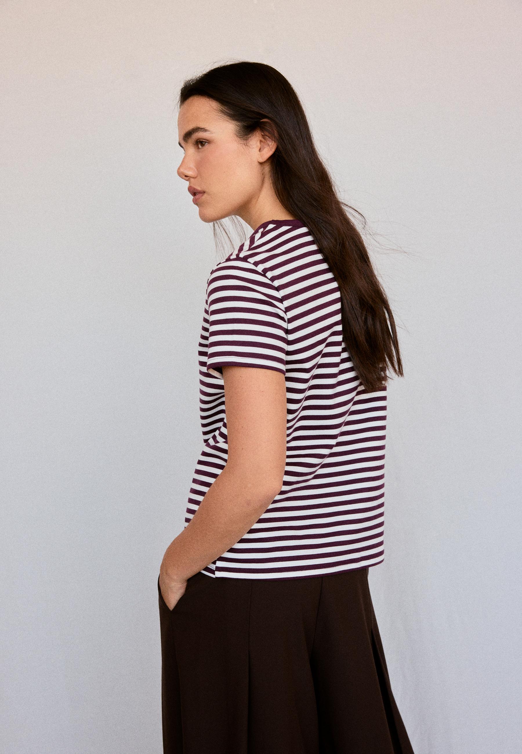 Stradivarius B02 Basic yumuşak dokulu çizgili t-shirt görsel 6