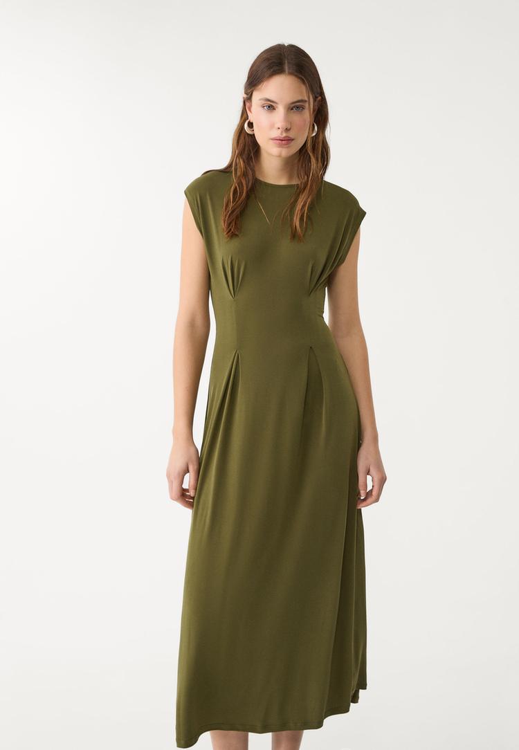 Stradivarius Midi Šaty S Krátkym Rukávom Khaki S