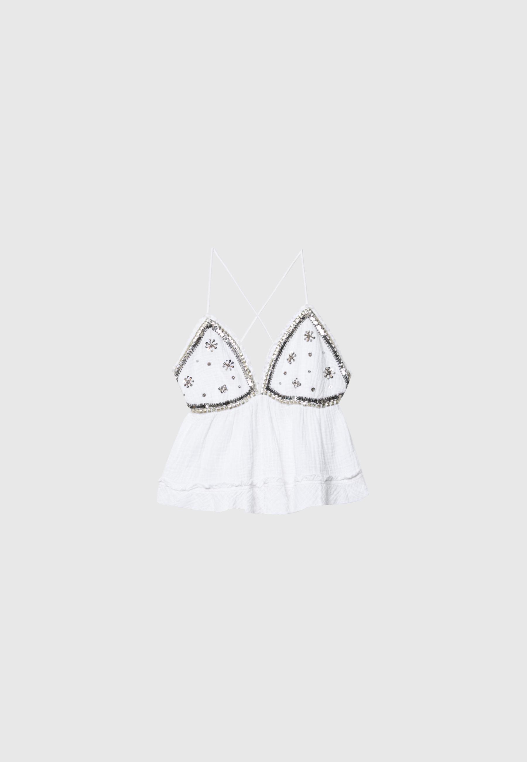 Ruffled and beaded top — Ecru