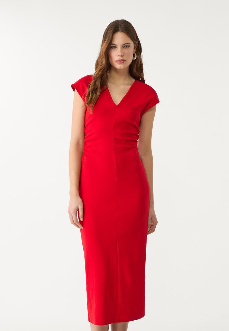 robe midi col en v froncee