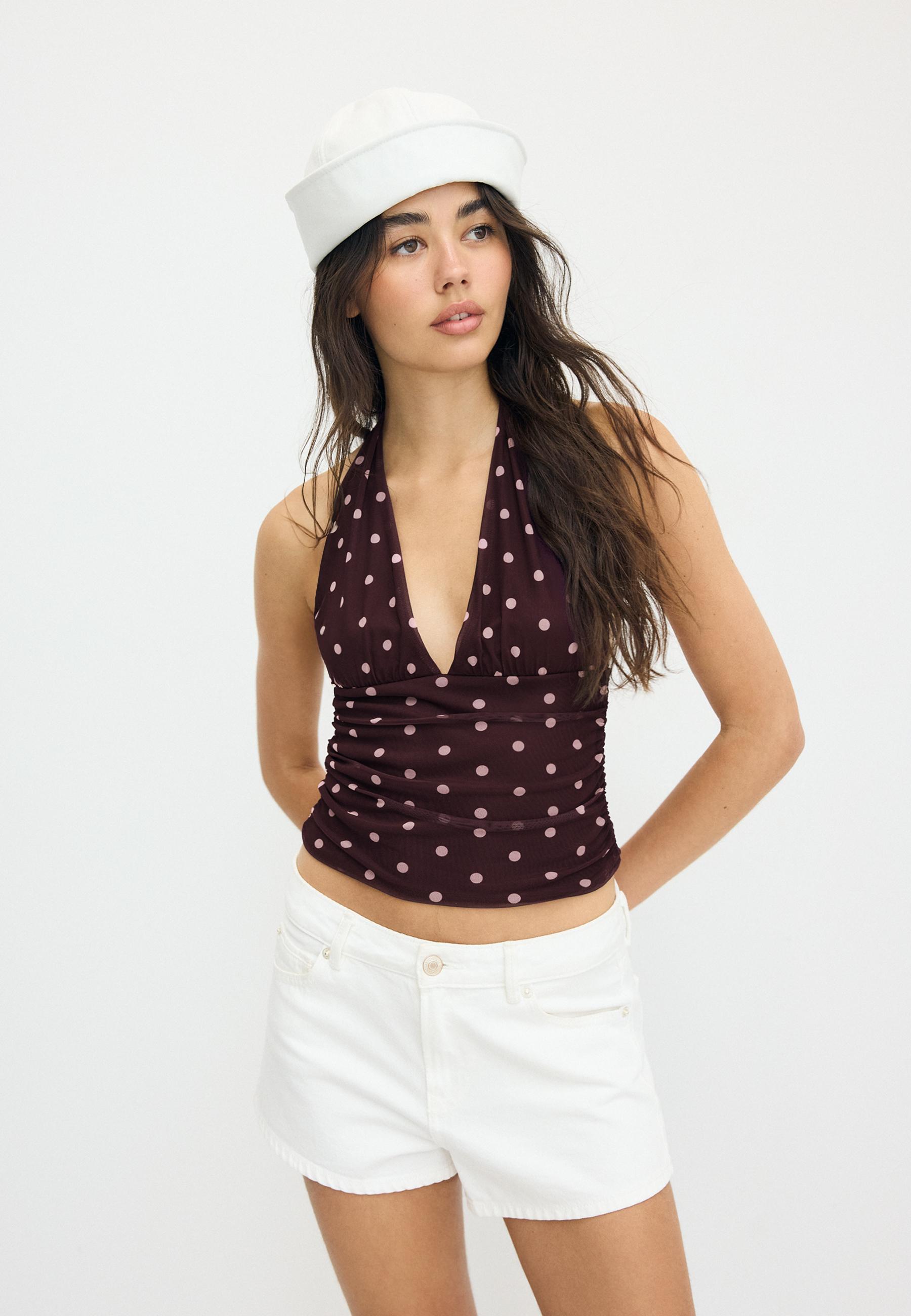 Polka dot mesh halter top — Purple