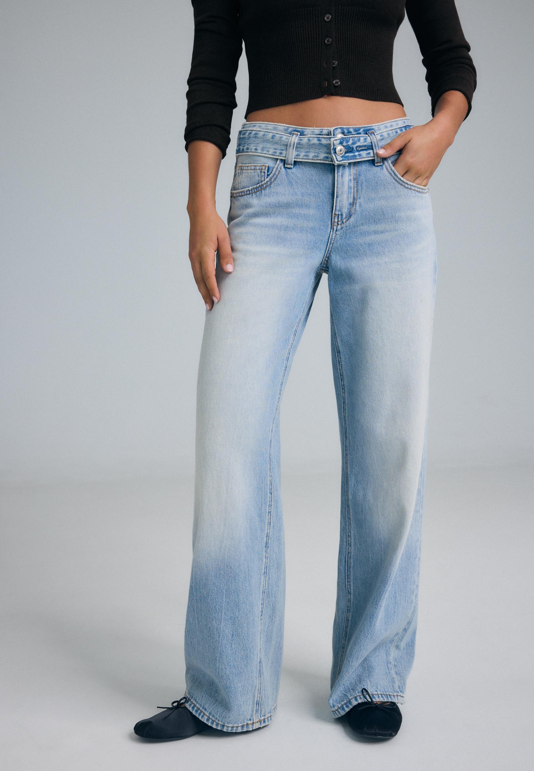 Double-waist wide-leg jeans — MEDIUM LIGHT BLUE DENIM