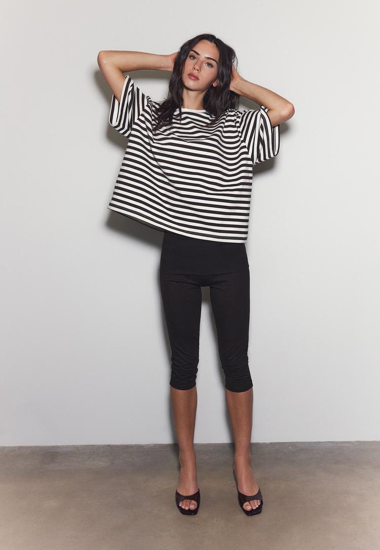 Stradivarius Κοντομάνικη Μπλούζα Boxy Εκρού Xl