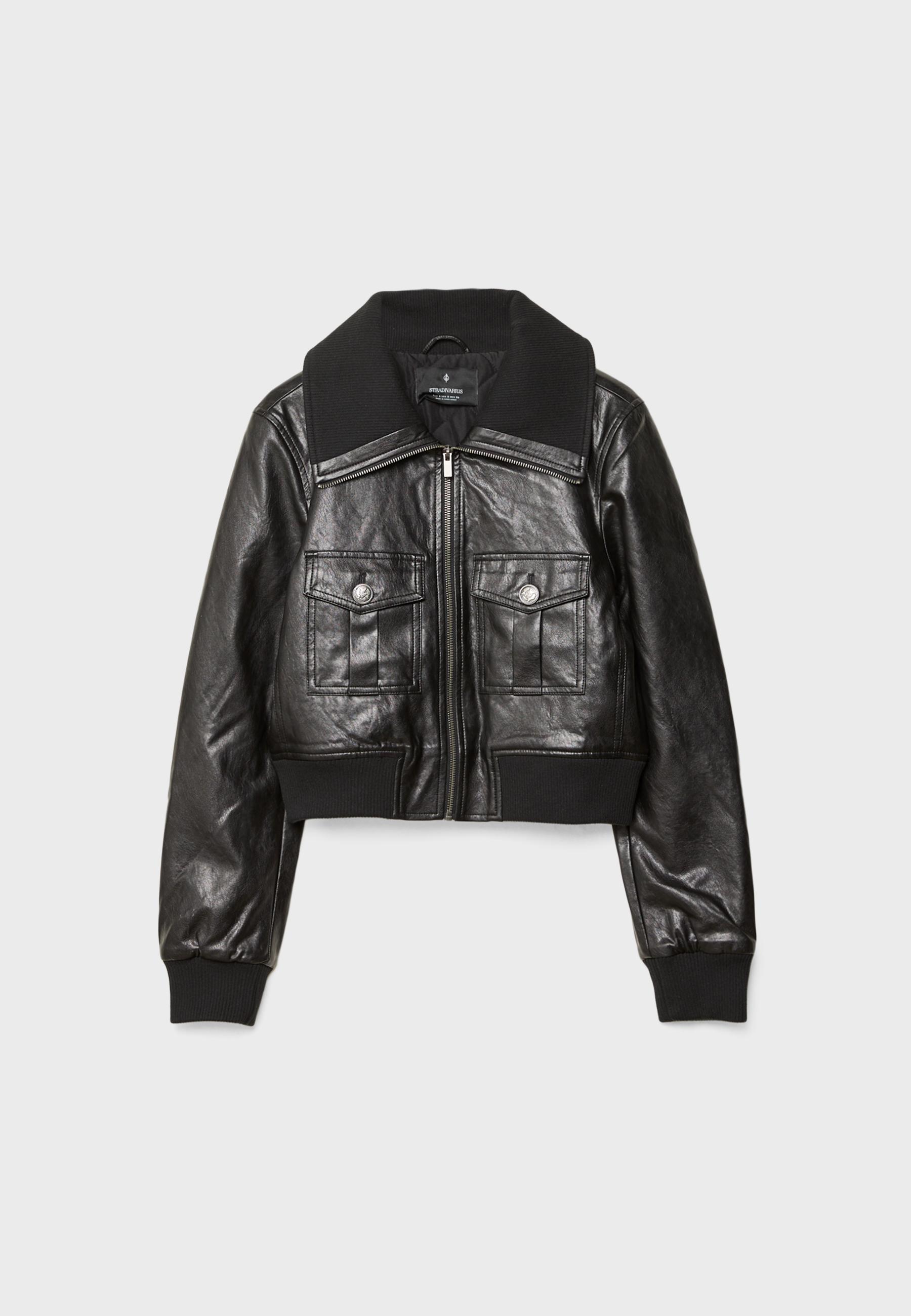 Short leather effect jacket with pockets - Women's fashion