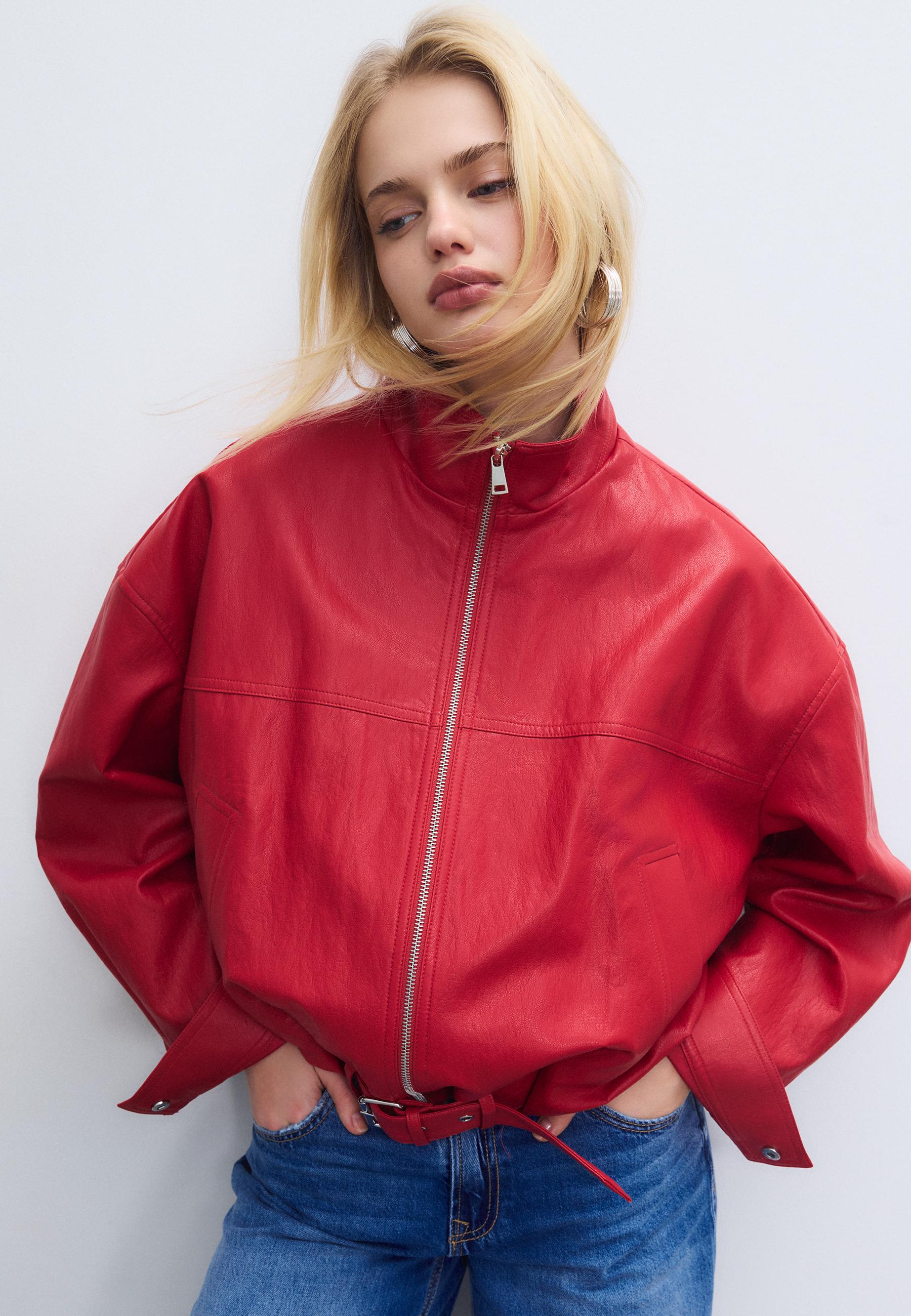 Leather effect balloon jacket with belt detail — Red