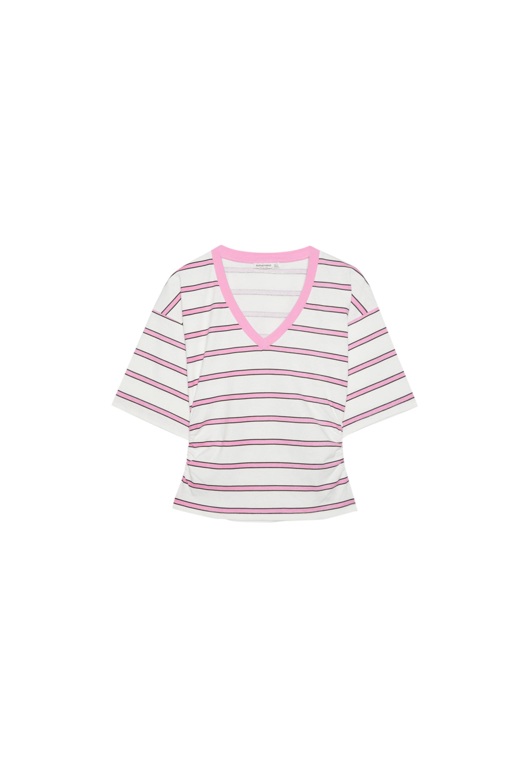 Striped V-neck kimono sleeve T-shirt — Bubblegum pink