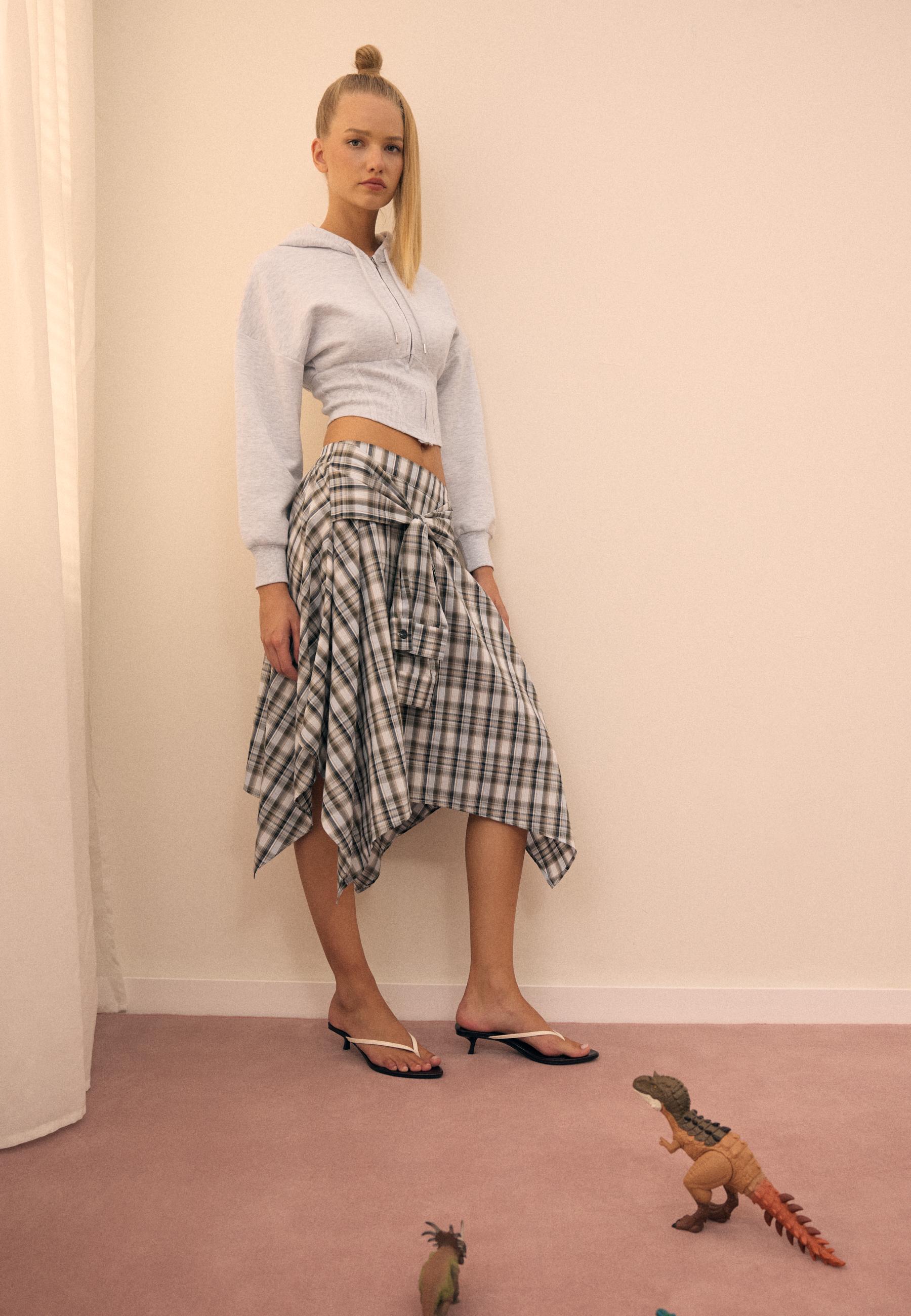 Printed shirt-sleeve detail midi skirt — Khaki