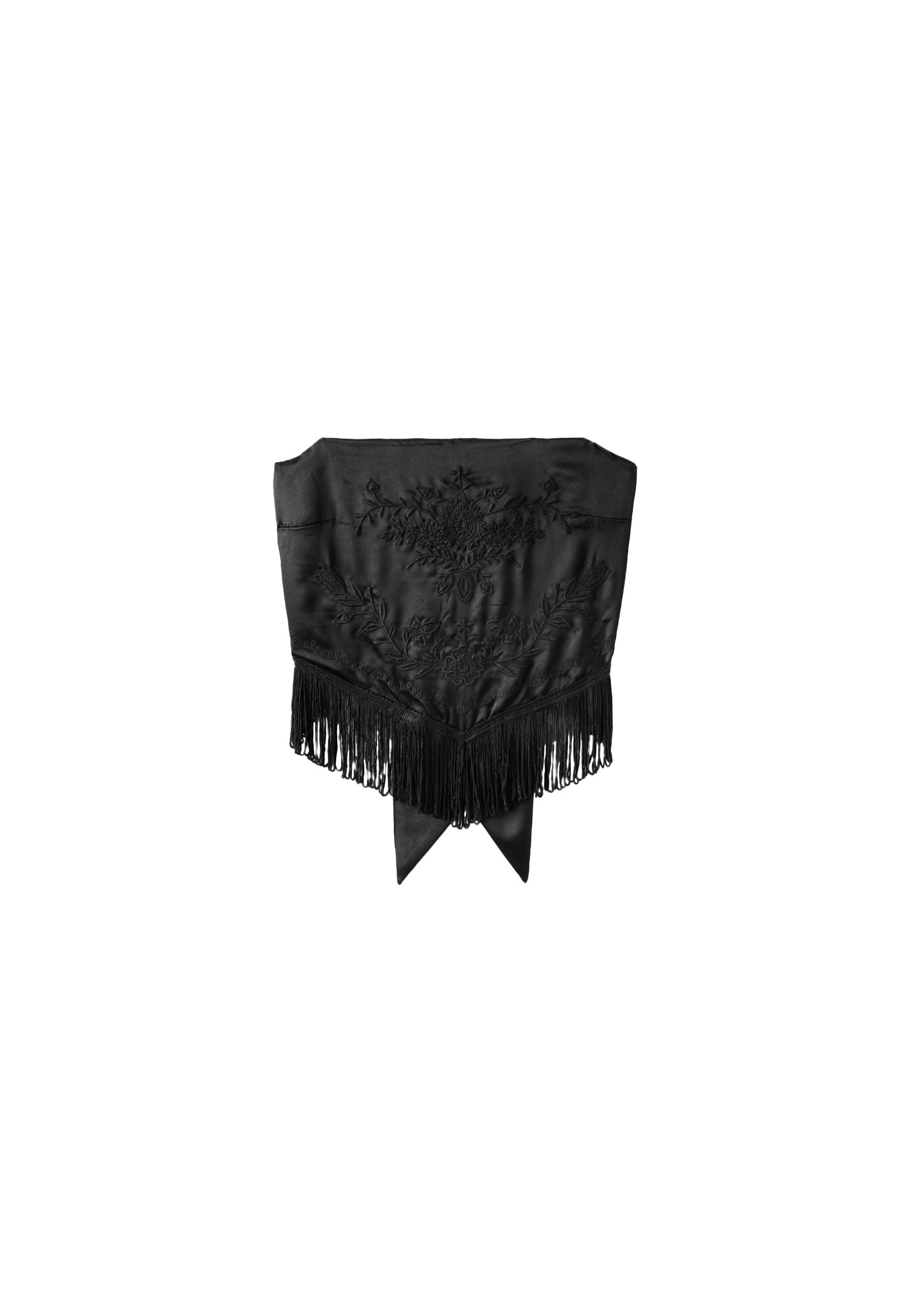 Embroidered fringe bustier top — Black