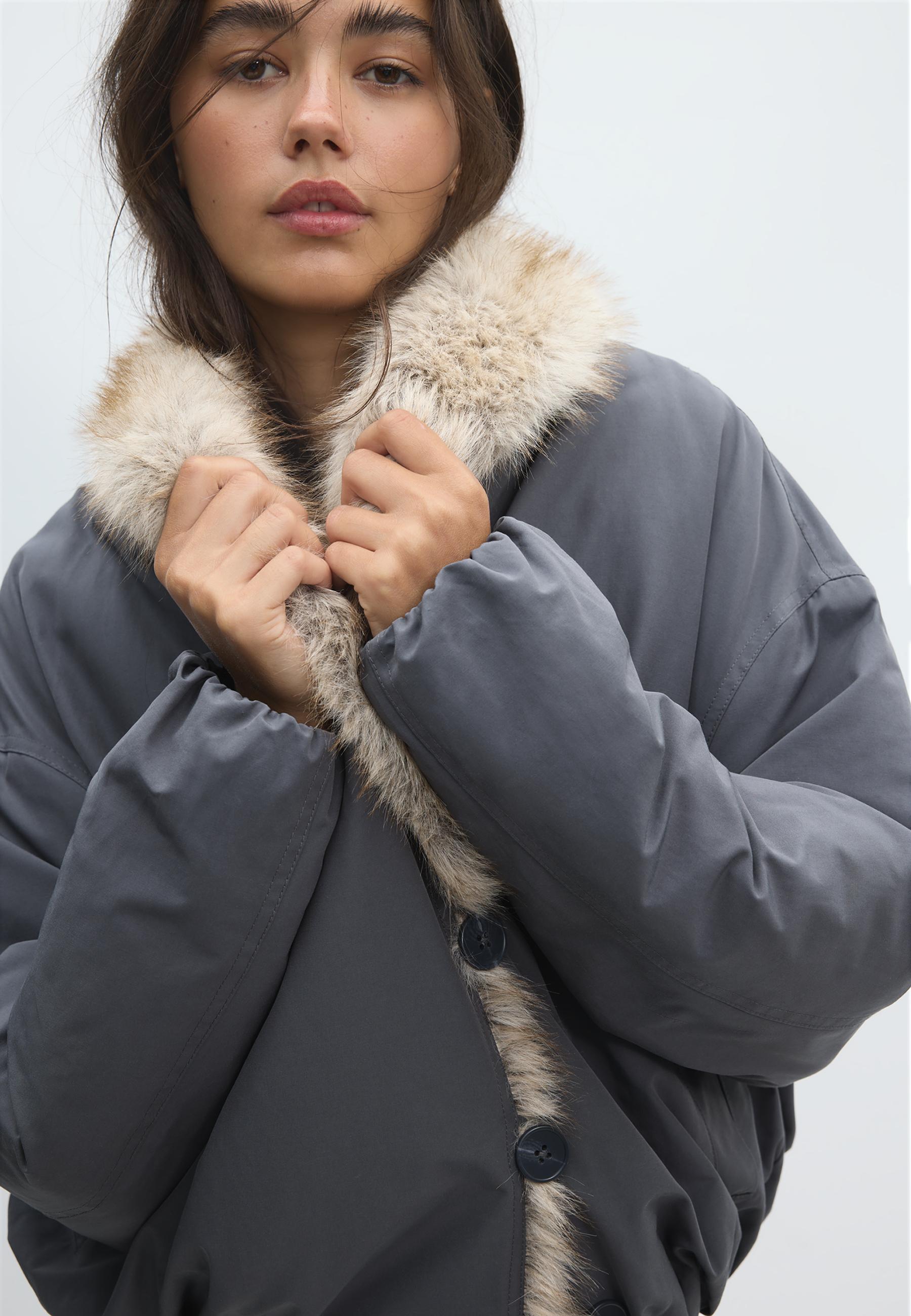 Puffer jacket with faux fur shawl collar — Dark grey