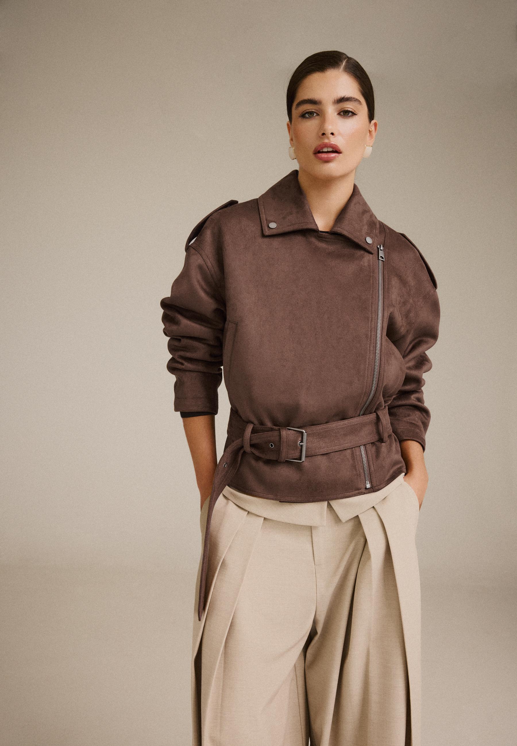 Biker jacket with belt — Brown