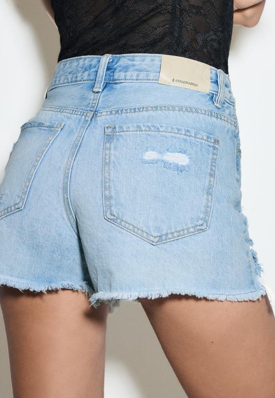 Stradivarius D75 Short En Jean Déchiré Denim Bleu Moyen Clair Délavé 42