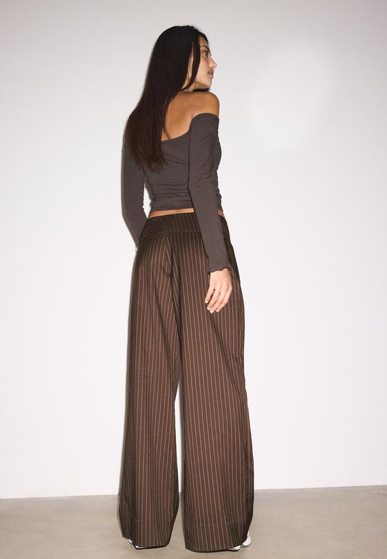 Stradivarius Smart Trousers With Striped Waistband Brown 14