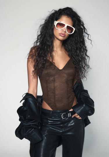 Lace strap bodysuit — Brown 1
