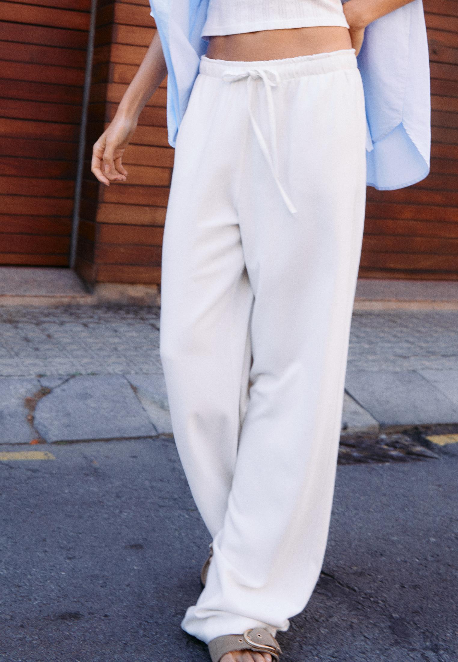 Straight-leg linen-look trousers — Ecru