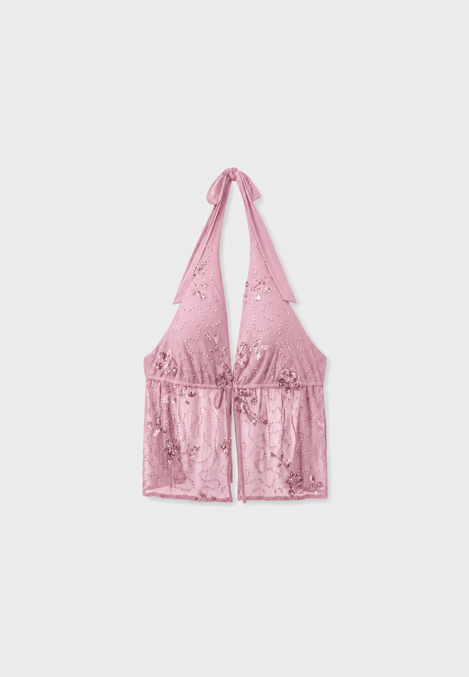 Embroidered halter top with rhinestones — Salmon pink