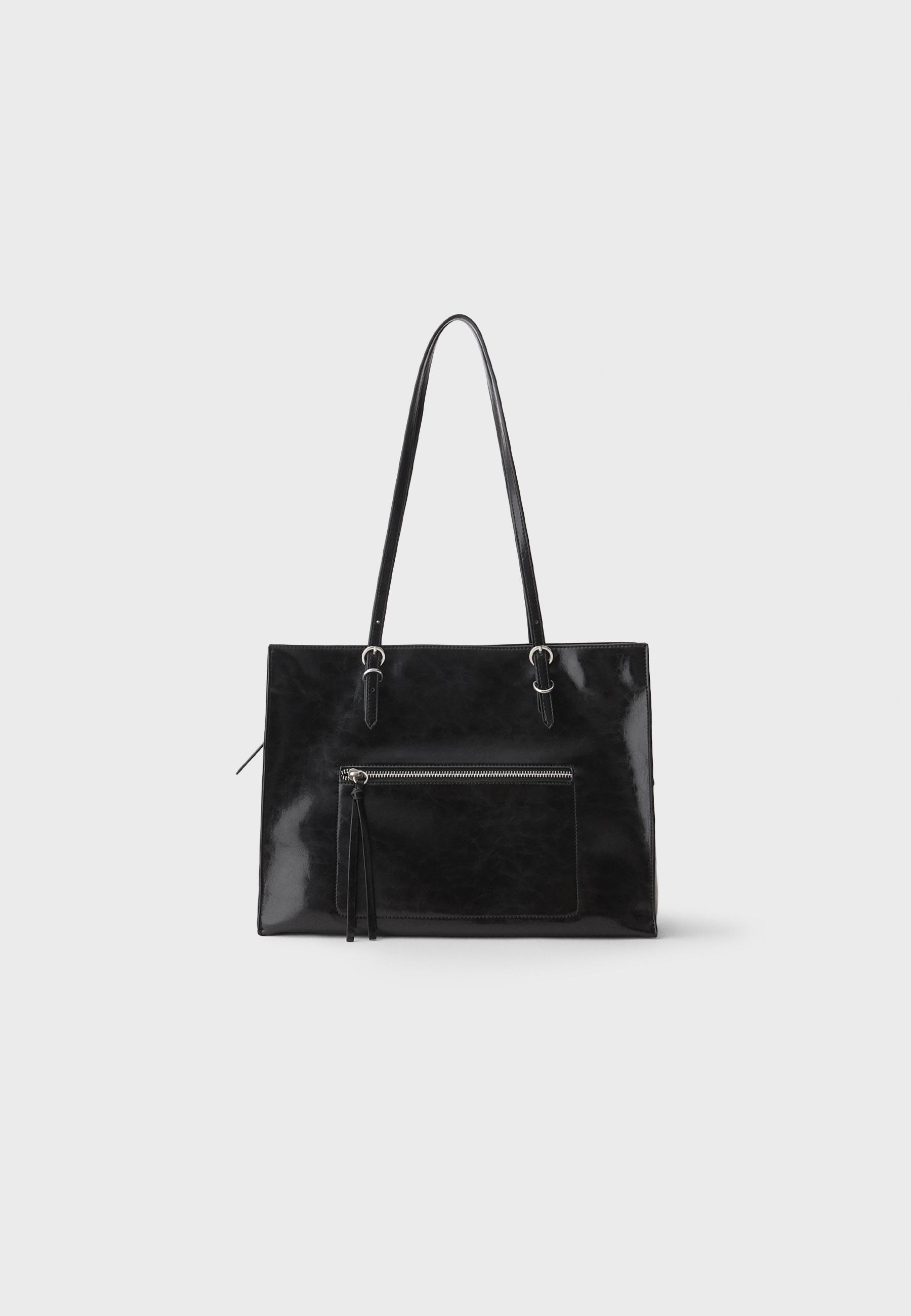 Stradivarius Τσάντα Shopper Με Φερμουάρ Και Όψη Δέρματος Μαύρο Os
