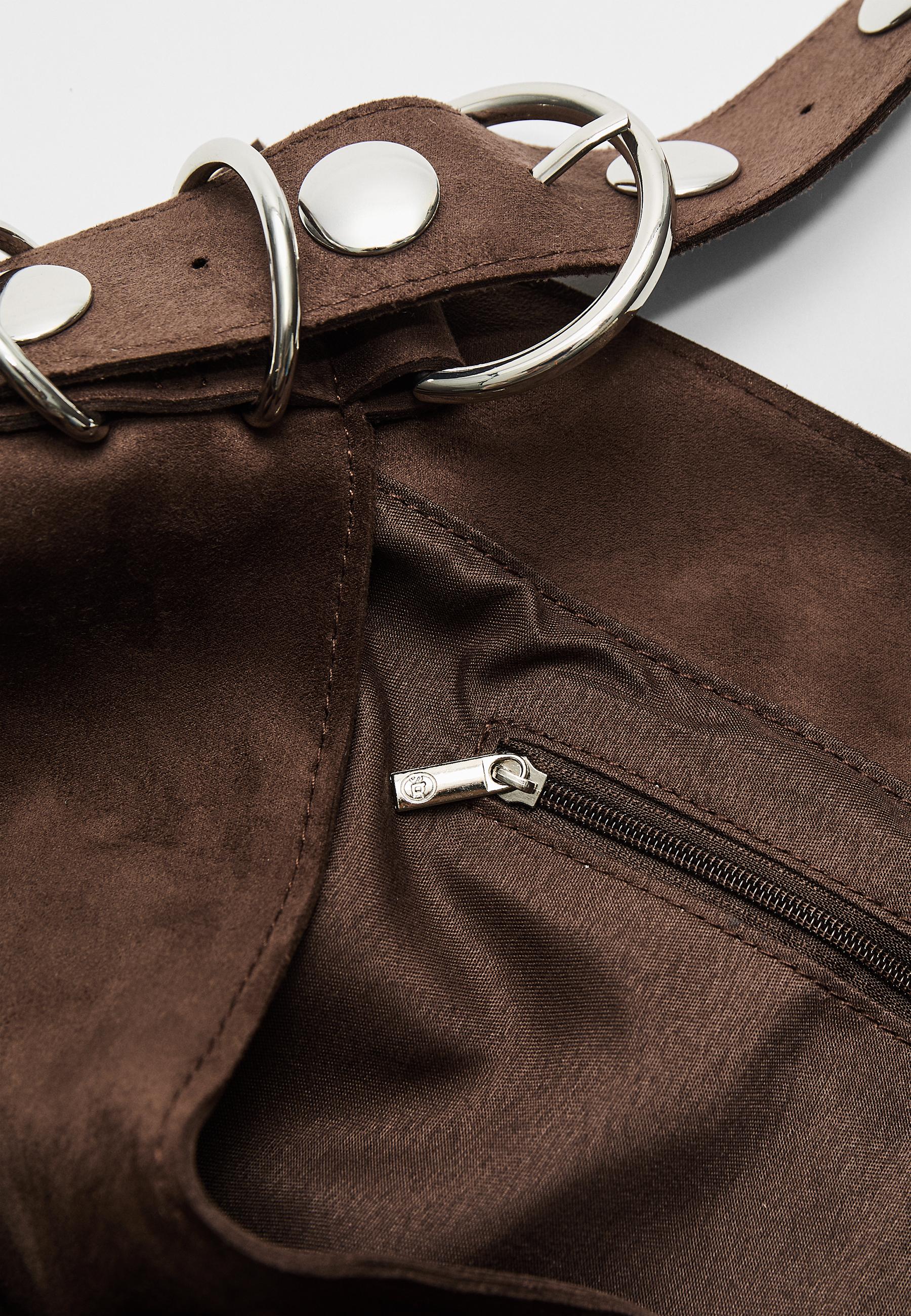Faux suede bucket bag with strap detail — Brown