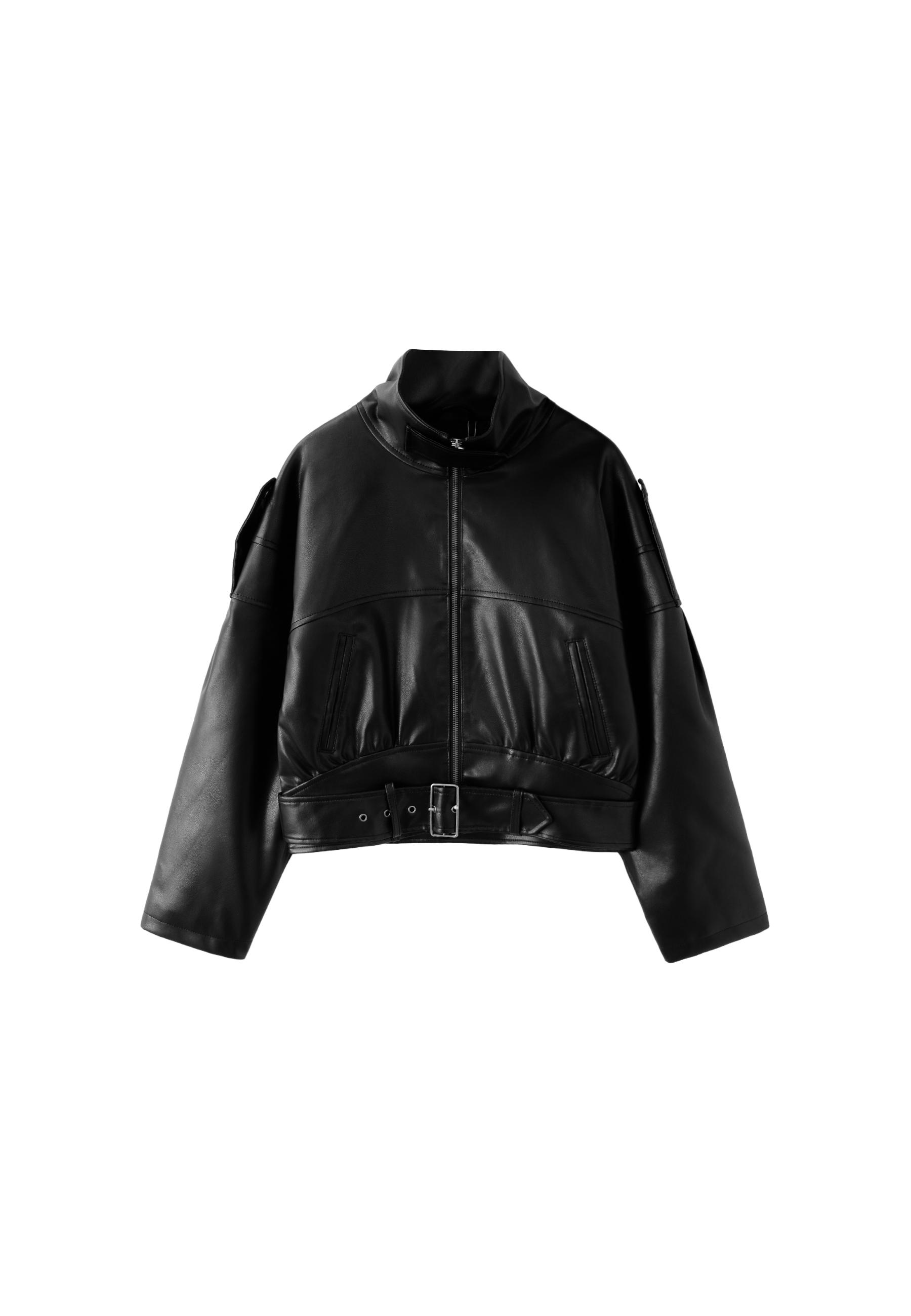 Leather effect belted cropped jacket — Black