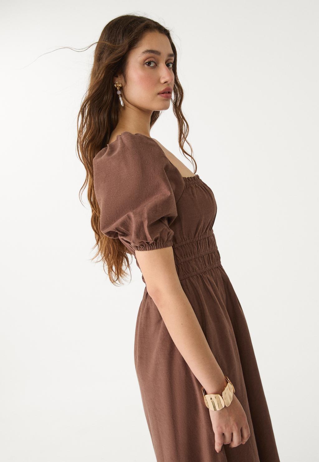 Linen blend puff sleeve midi dress