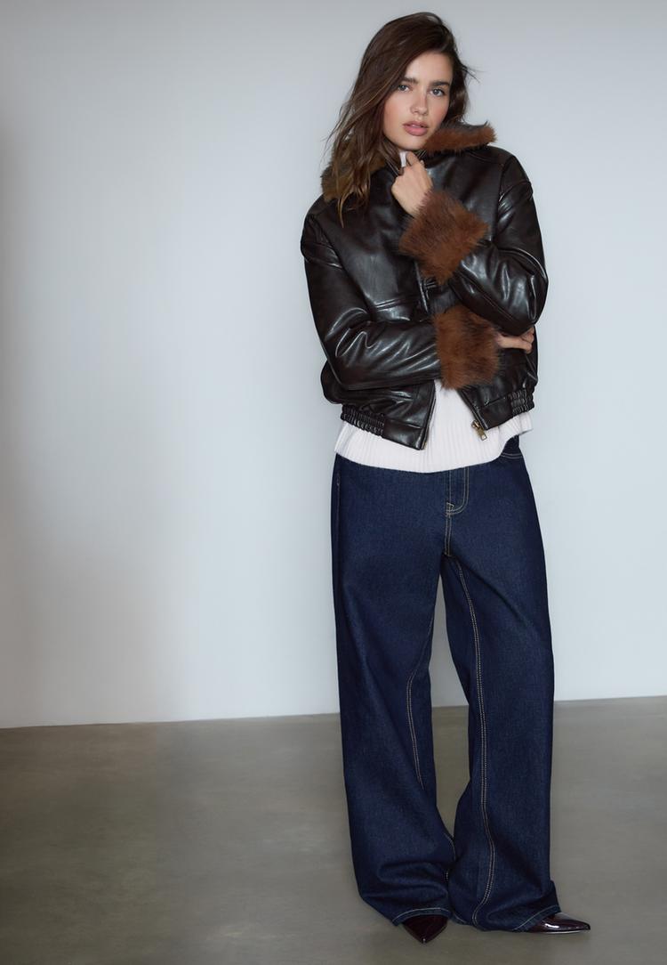 leather effect padded jacket with faux fur details