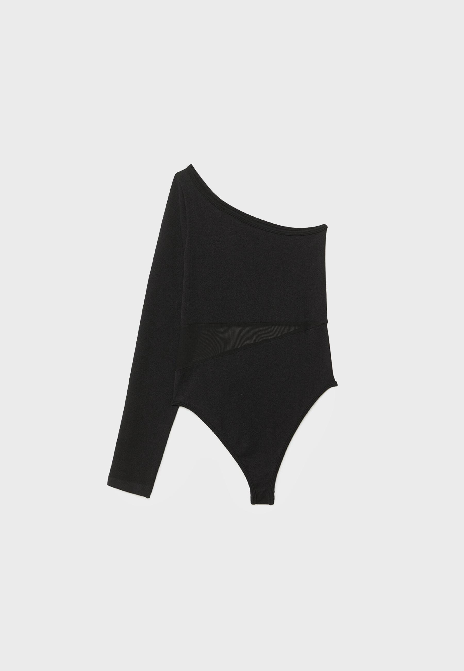Asymmetric bodysuit with sheer details — Black