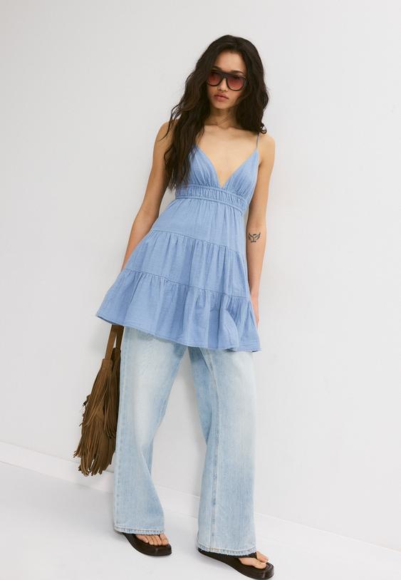 Stradivarius Short Flowing Dress With Tie Back Sky Blue S