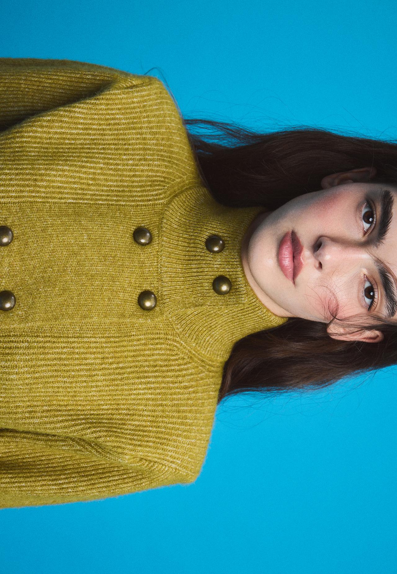 Double-breasted funnel neck knit jumper — Olive green