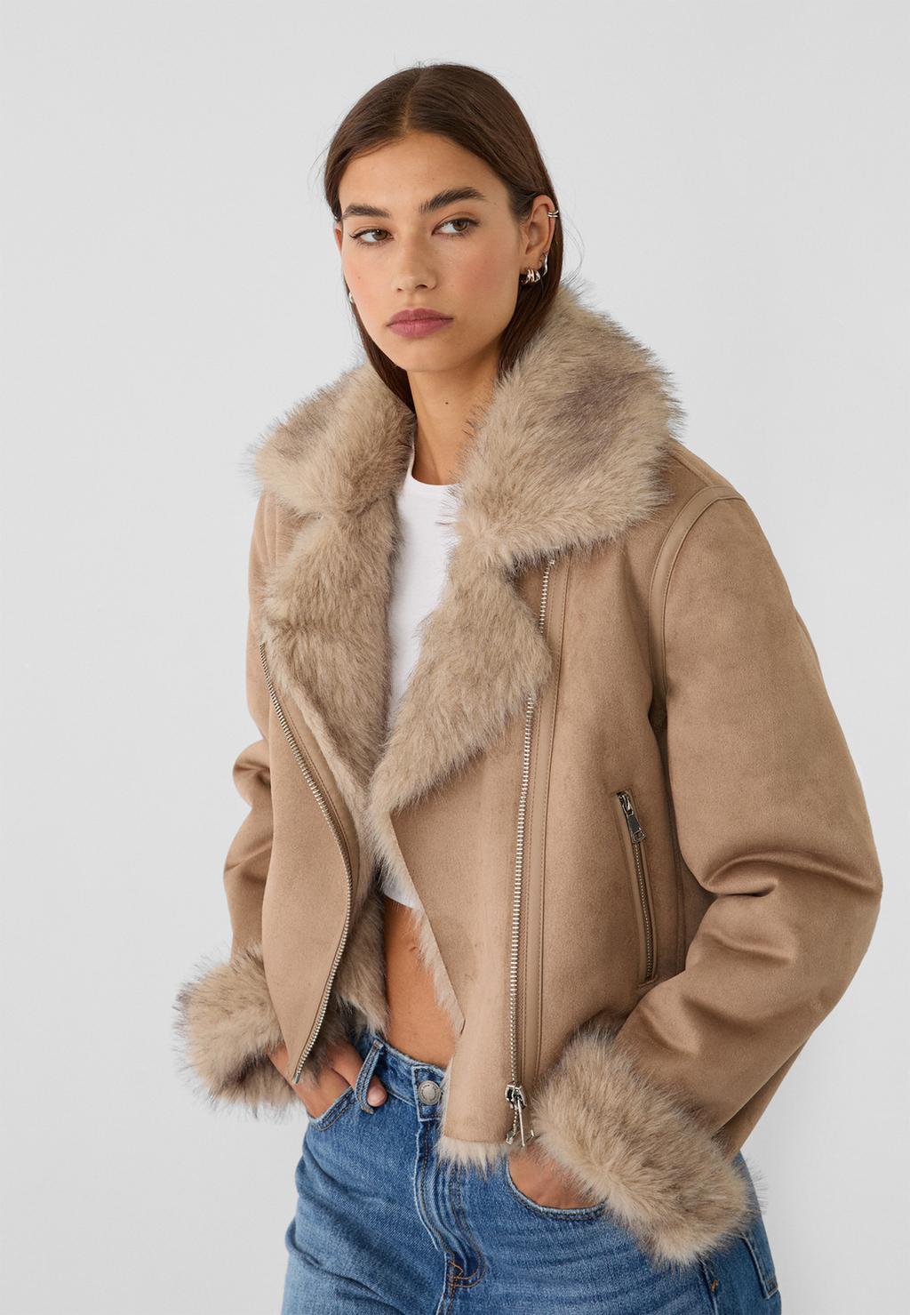 Short faux shearling lined and faux fur biker jacket