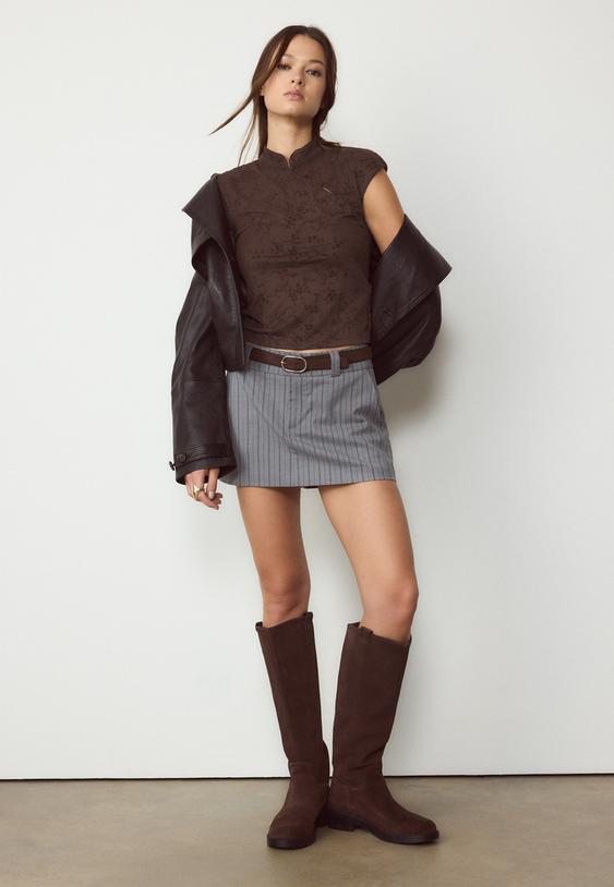 Stradivarius Flocked Qipao Style T-Shirt Brown Xl