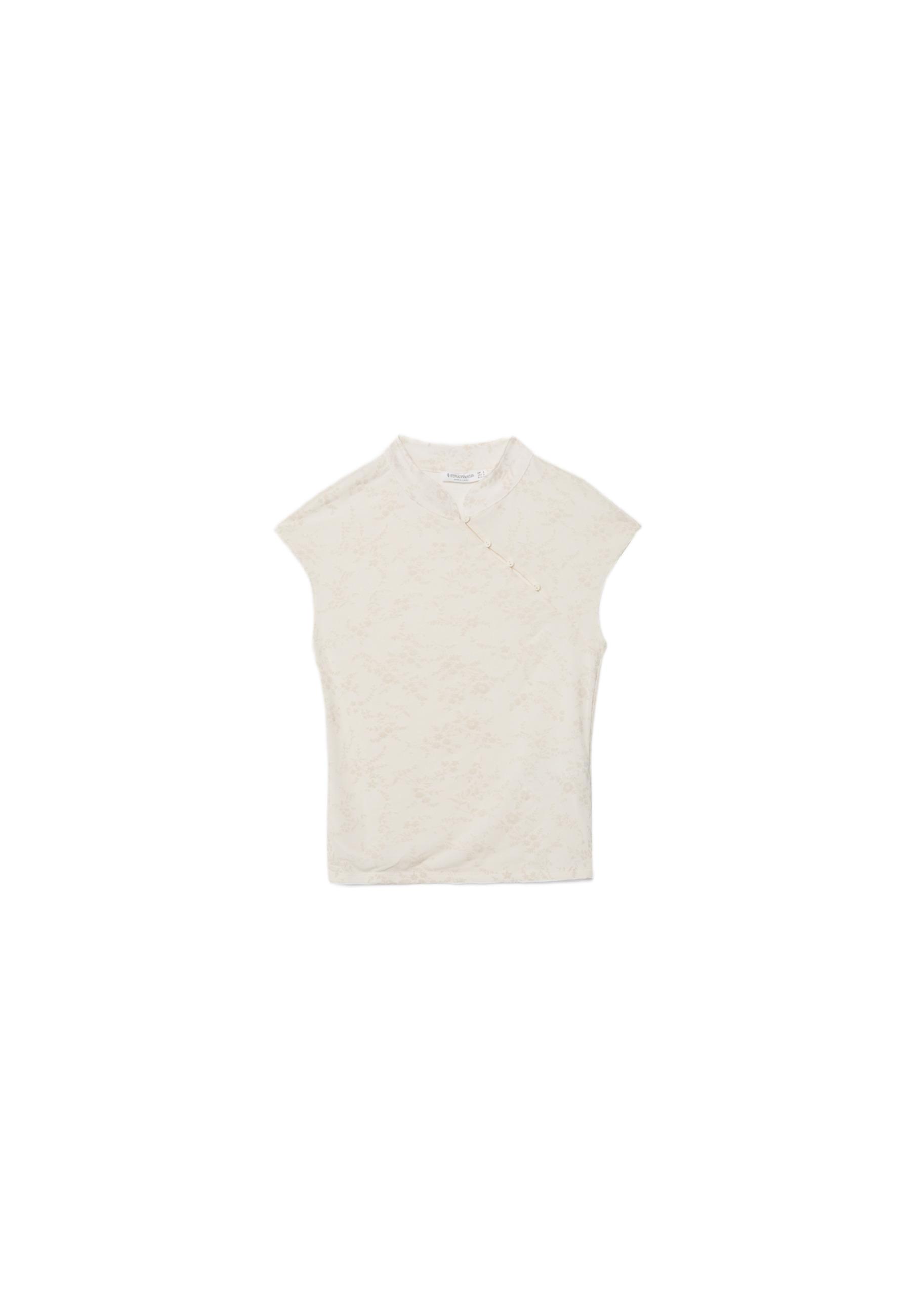 Flocked stand collar T-shirt — Ecru