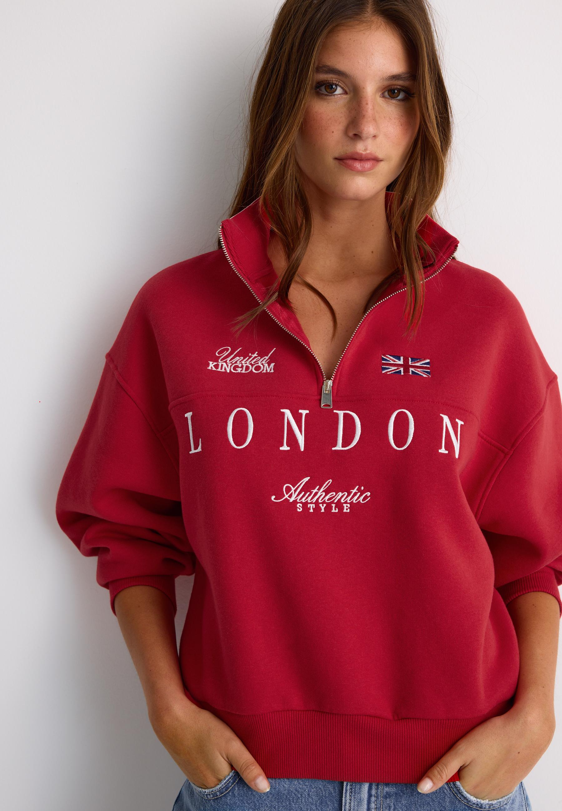 Embroidered Zip-Up Sweatshirt — Red