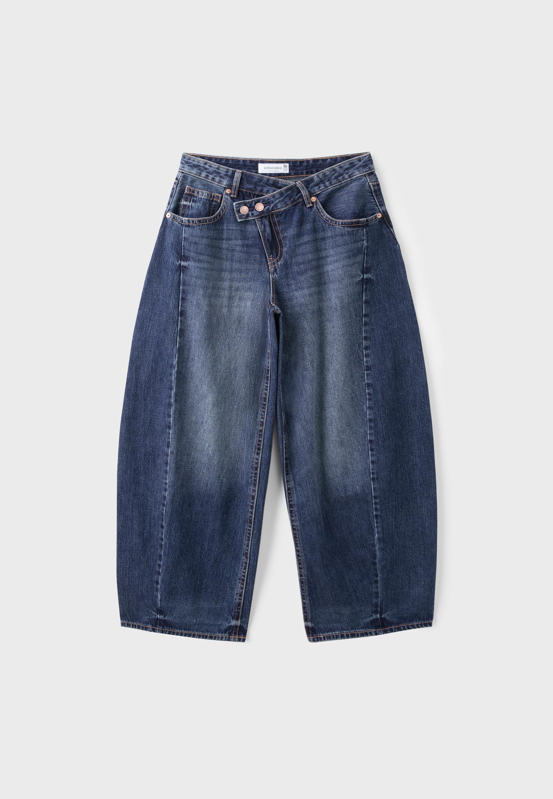 Crossover waist baggy jeans — MEDIUM DENIM WASH