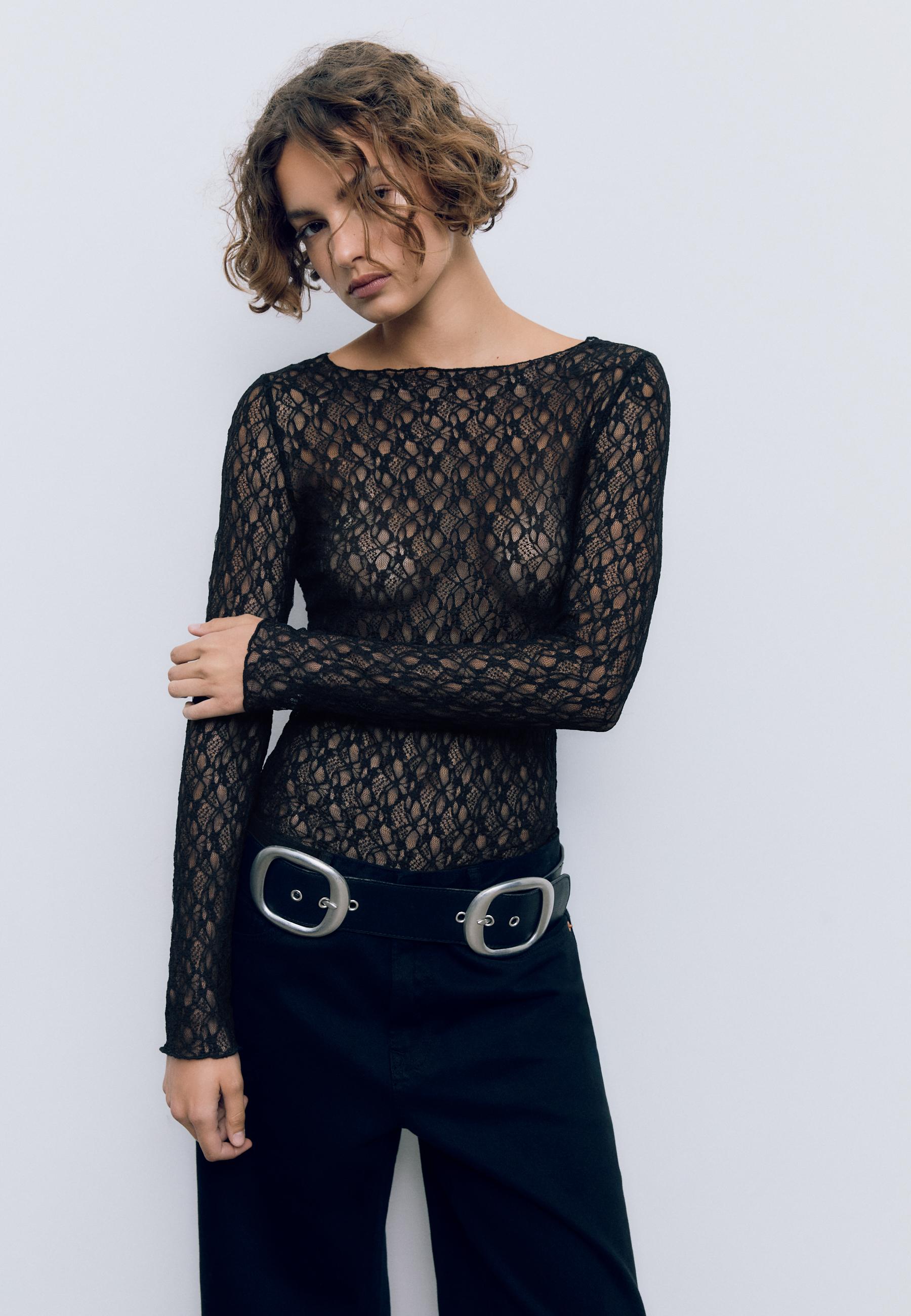 Long sleeve lace T-shirt — Black