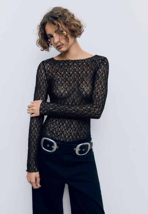 Stradivarius T-Shirt Manches Longues Dentelle Noir Xs