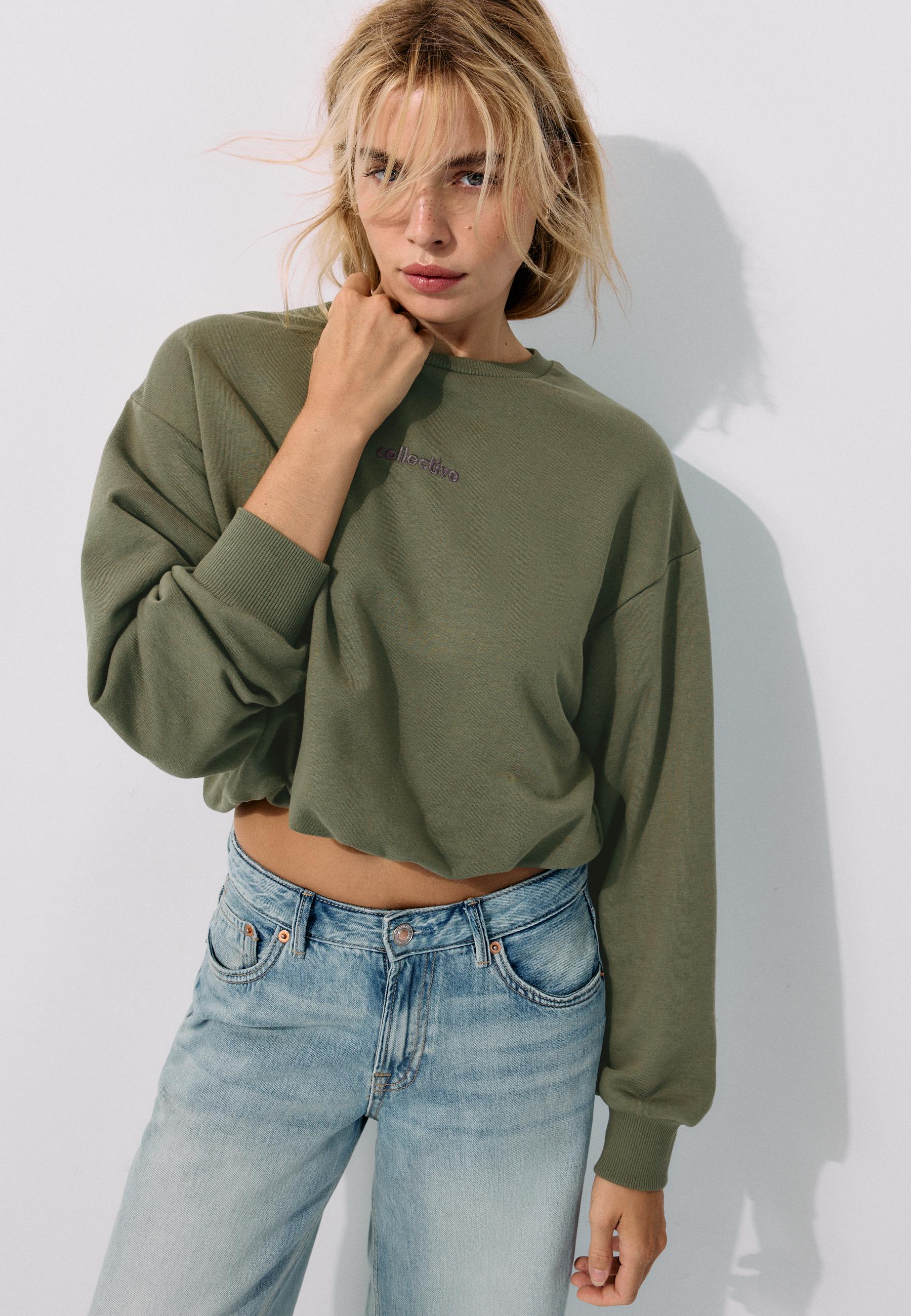 Balloon-hem cropped sweatshirt — Khaki