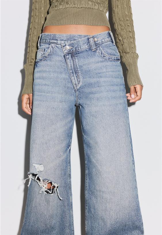 Stradivarius Cross-Over Waist Wide-Leg Jeans Medium Blue Denim 14