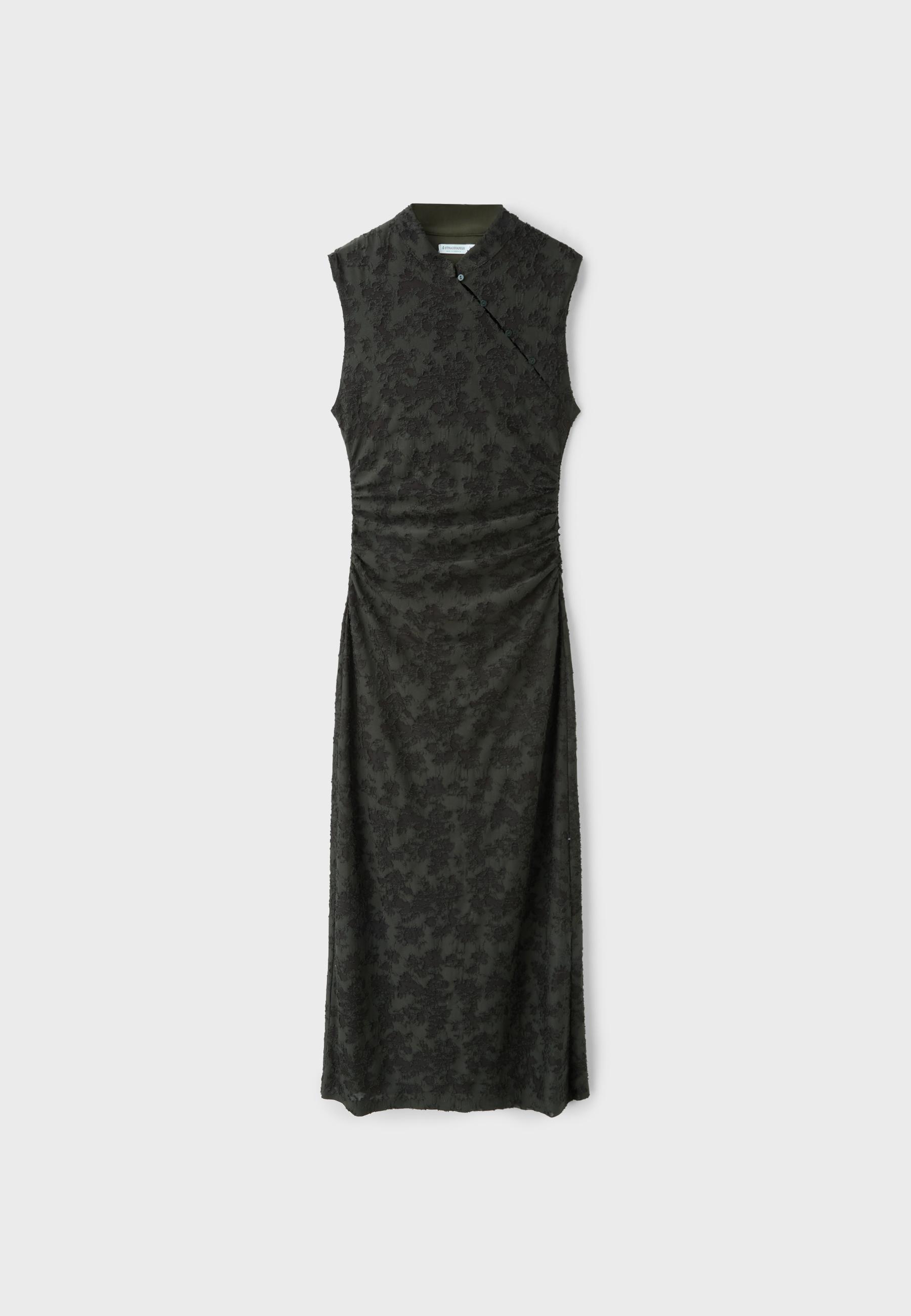Sleeveless midi dress with stand collar — Khaki