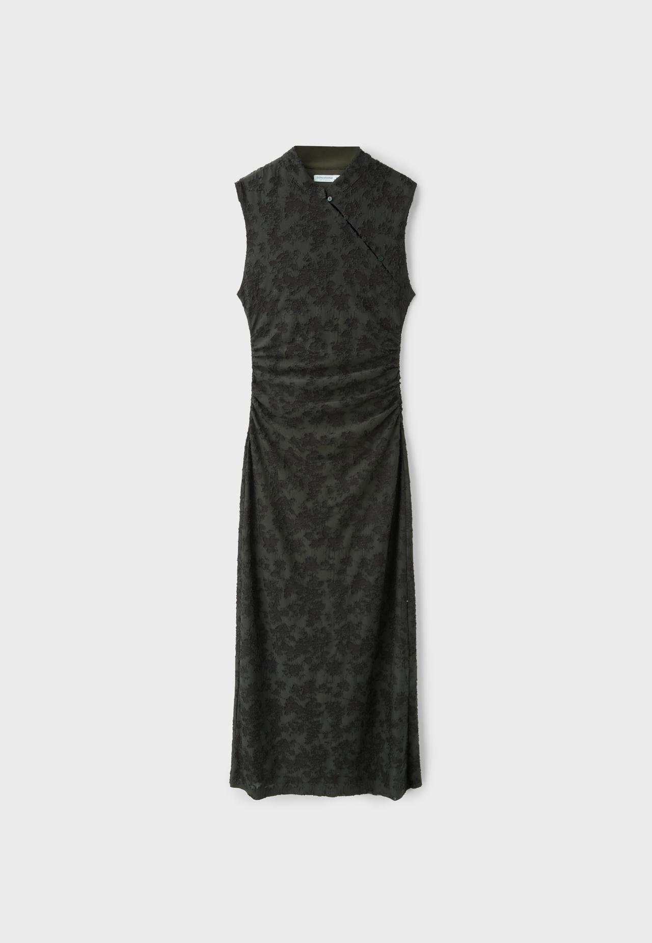 Sleeveless stand collar midi dress — Khaki