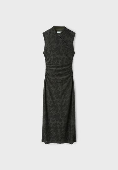 Sleeveless stand collar midi dress — Khaki 7