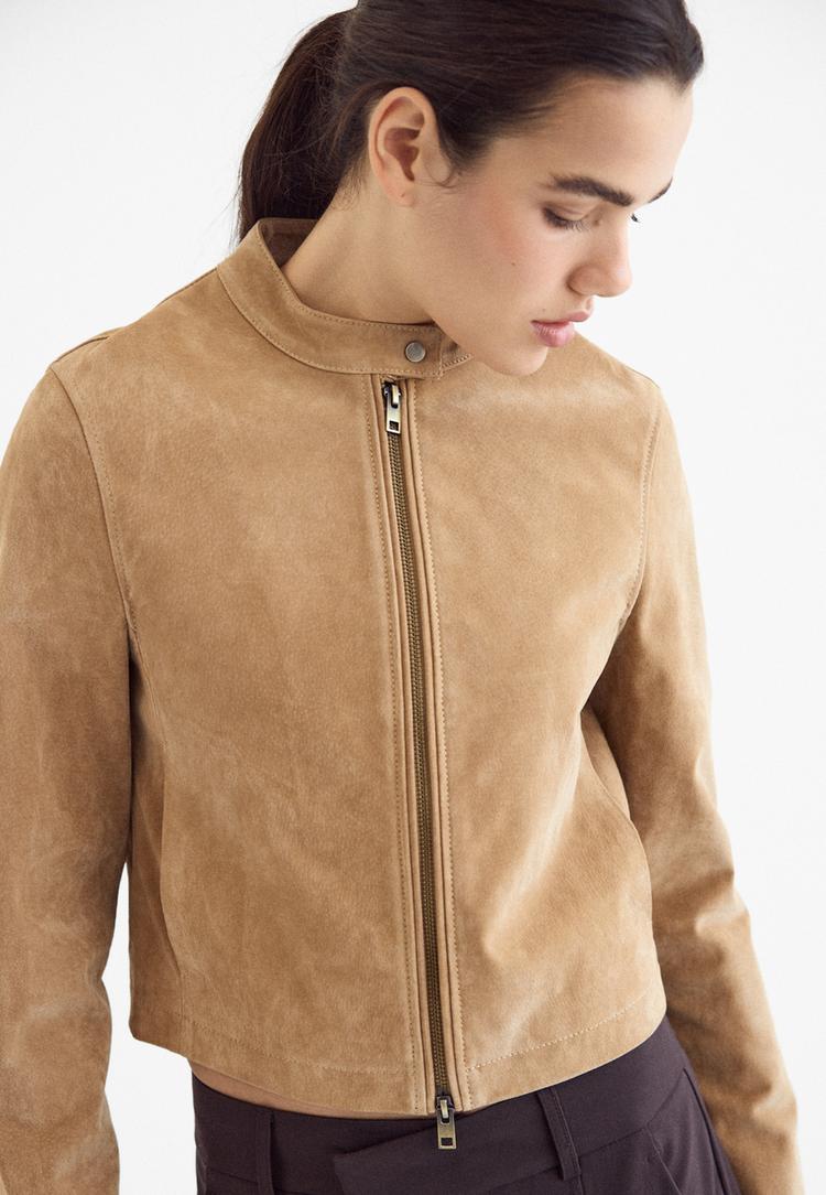100% leather biker jacket — Stone