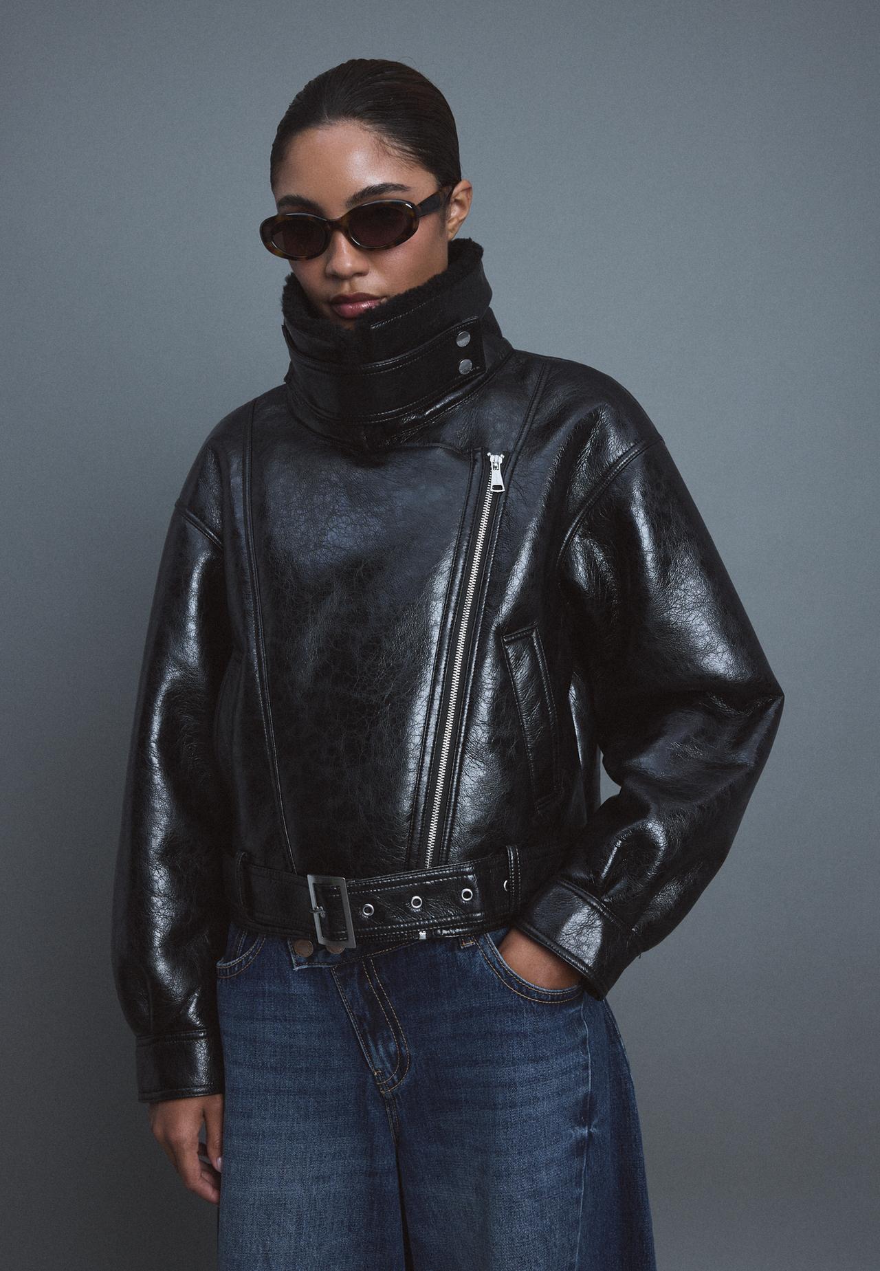 High neck double-faced biker jacket — Black