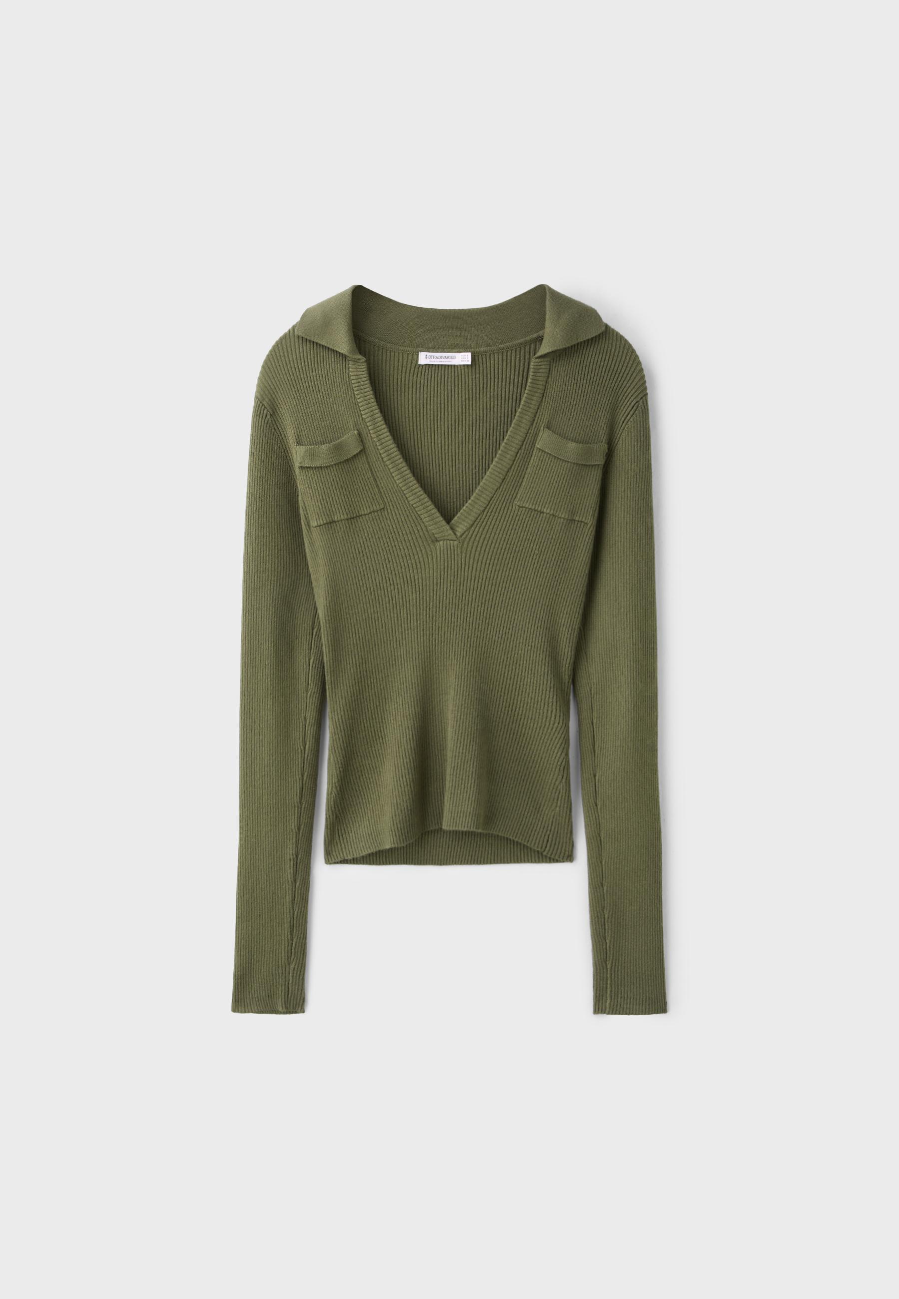 Polo collar knit jumper with pockets — Khaki