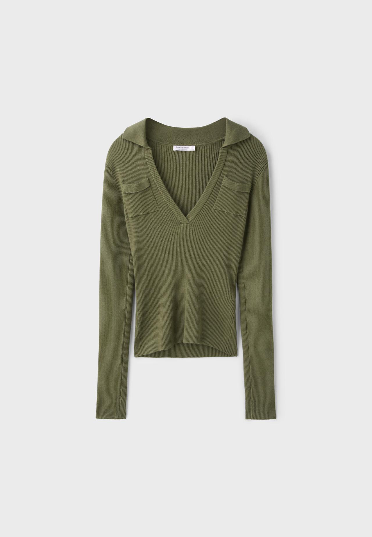 Polo collar knit jumper with pockets — Khaki