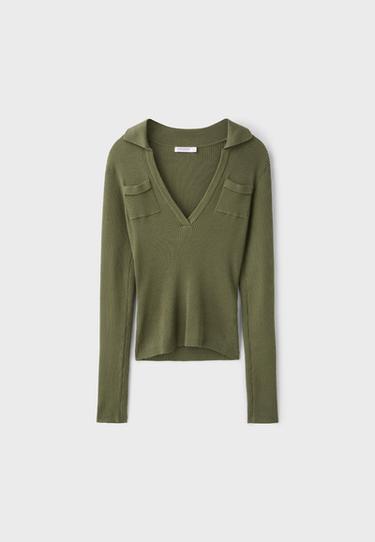 Polo collar knit jumper with pockets — Khaki 7