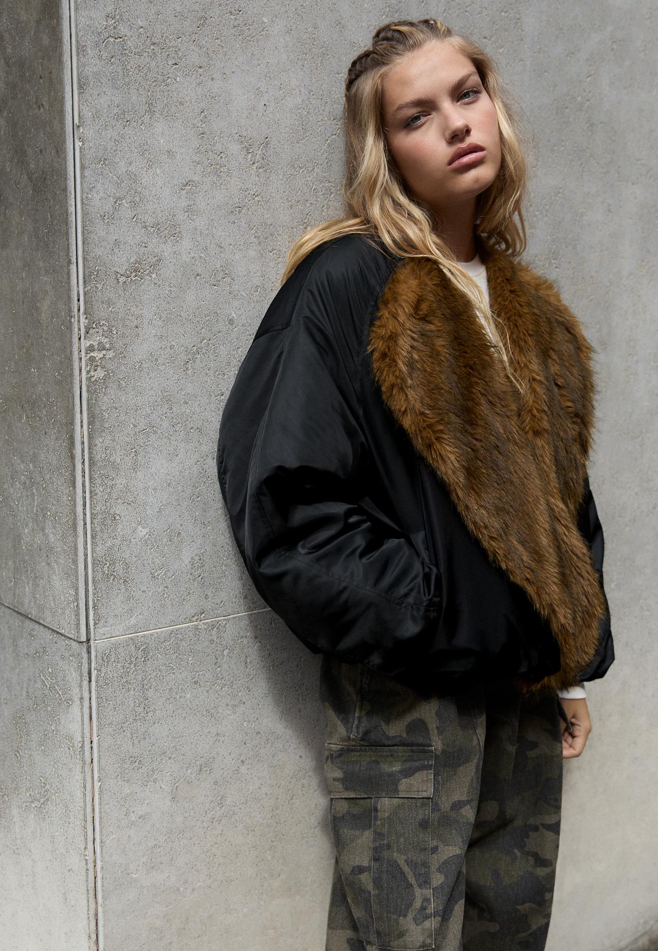 Faux fur lapel bomber jacket — Black