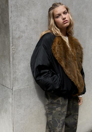 Faux fur lapel bomber jacket — Black 6