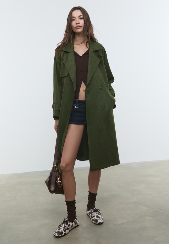long faux suede trench coat